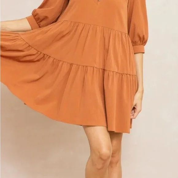 New Entro Women's Size Small 3/4 Sleeve V-Neck Rust Colored Boho Dress - Picture 3 of 8